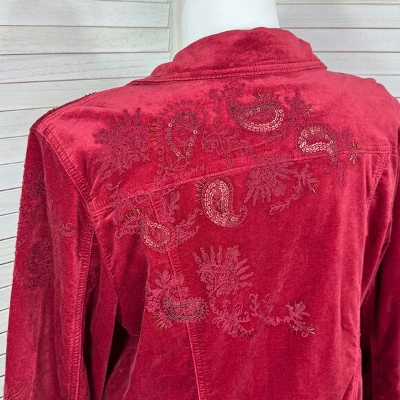 Chicos Boho Velour Paisley Embroidered Beaded Sequin Trucker Jacket Red 3 XL 16 - Picture 8 of 14